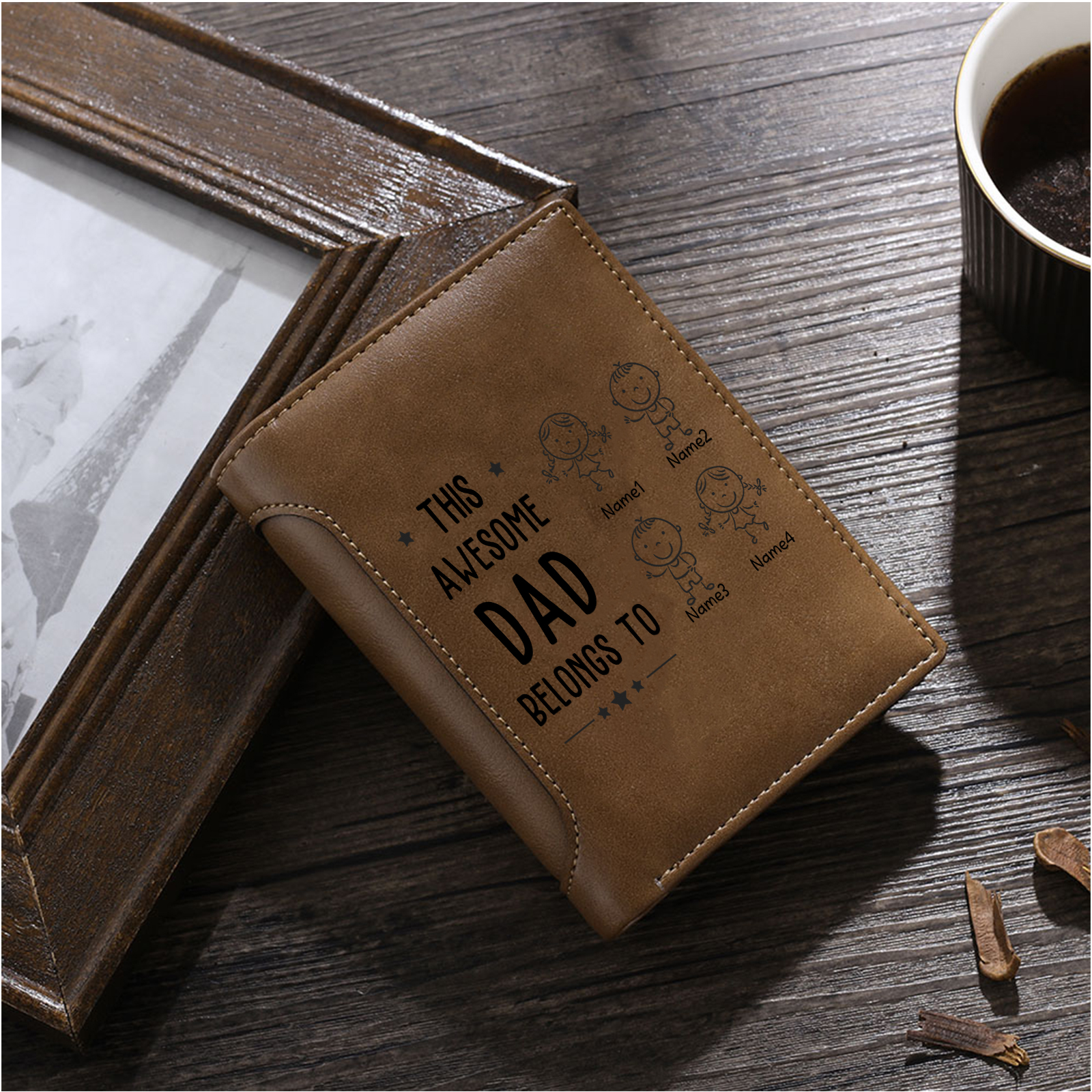 4 Names-Personalized Doll Customized Leather Men's Wallet Customized Name Folding Brown Wallet for Dad