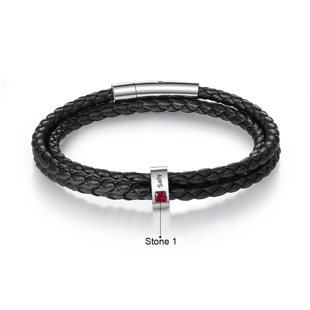 Personalized 3 Layer Leather Bracelet with 1 Bead Engraved Names Men's Bracelets for Him