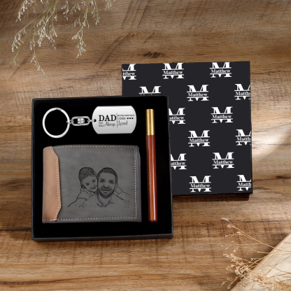 Personalized Leather Wallet Gift Box Set with Keychain Customizable Photo Text and Date Wallet Gift for Dad