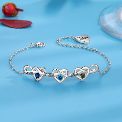 3 Names-Personalized Linked Heart Bracelet With 3 Birthstones Engraved Names And Text Bangle For Her