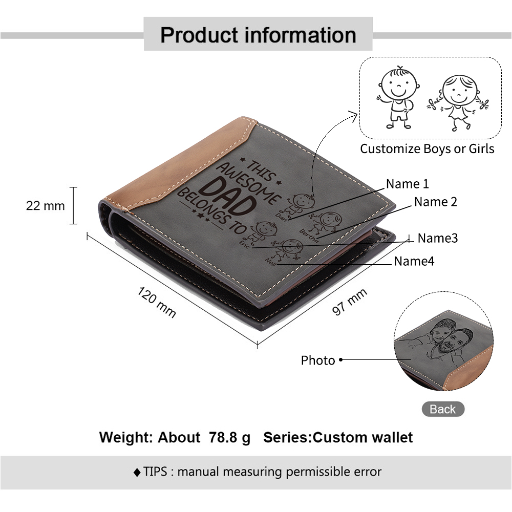 4 Names-Personalized Doll Customized Leather Men's Wallet Customized Name Folding Grey Wallet for Dad