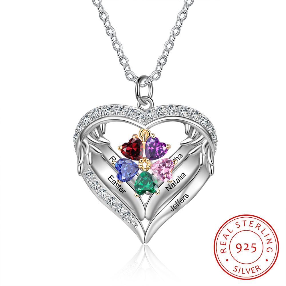 Personalized Wings S925 Silver Necklace With 5 Heart Birthstones Engraved Names Gift For Women