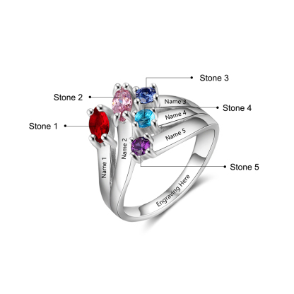 Mother's Day Family Ring Personalized 5 Birthstones Ring With Names Gifts for Her