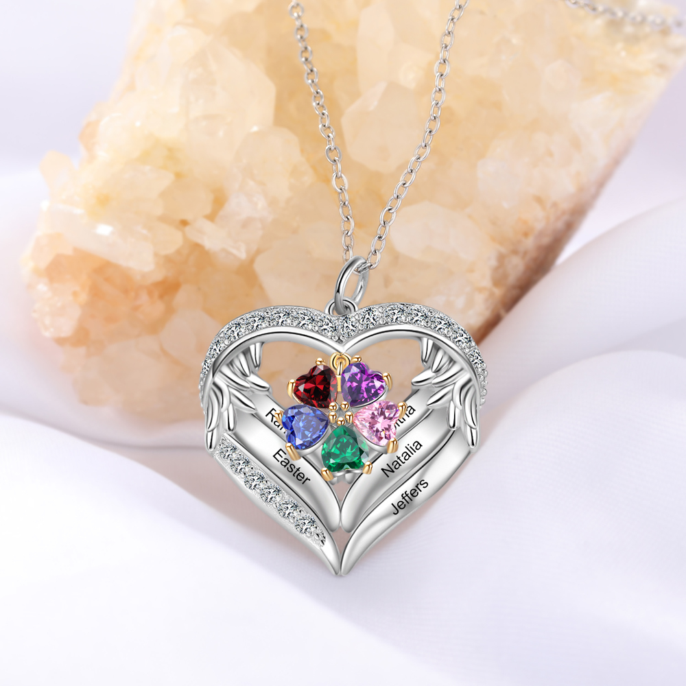 Personalized Wings S925 Silver Necklace With 5 Heart Birthstones Engraved Names Gift For Women