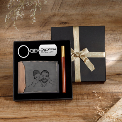 Photo Personalized Leather Wallet Gift Box Set with Keychain Customizable Text and Date Wallet Gift for Dad