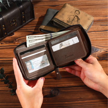 6 Names - Personalized Photo Custom Leather Men's Zipper Wallet as a Father's Day Gift for Dad
