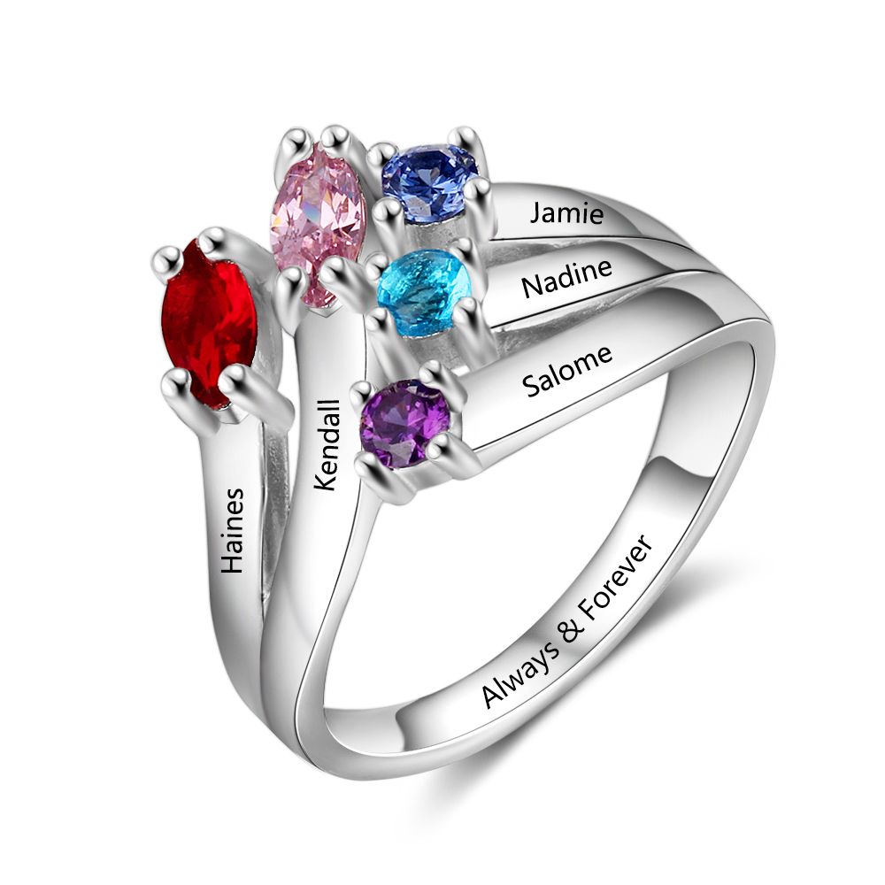 Mother's Day Family Ring Personalized 5 Birthstones Ring With Names Gifts for Her