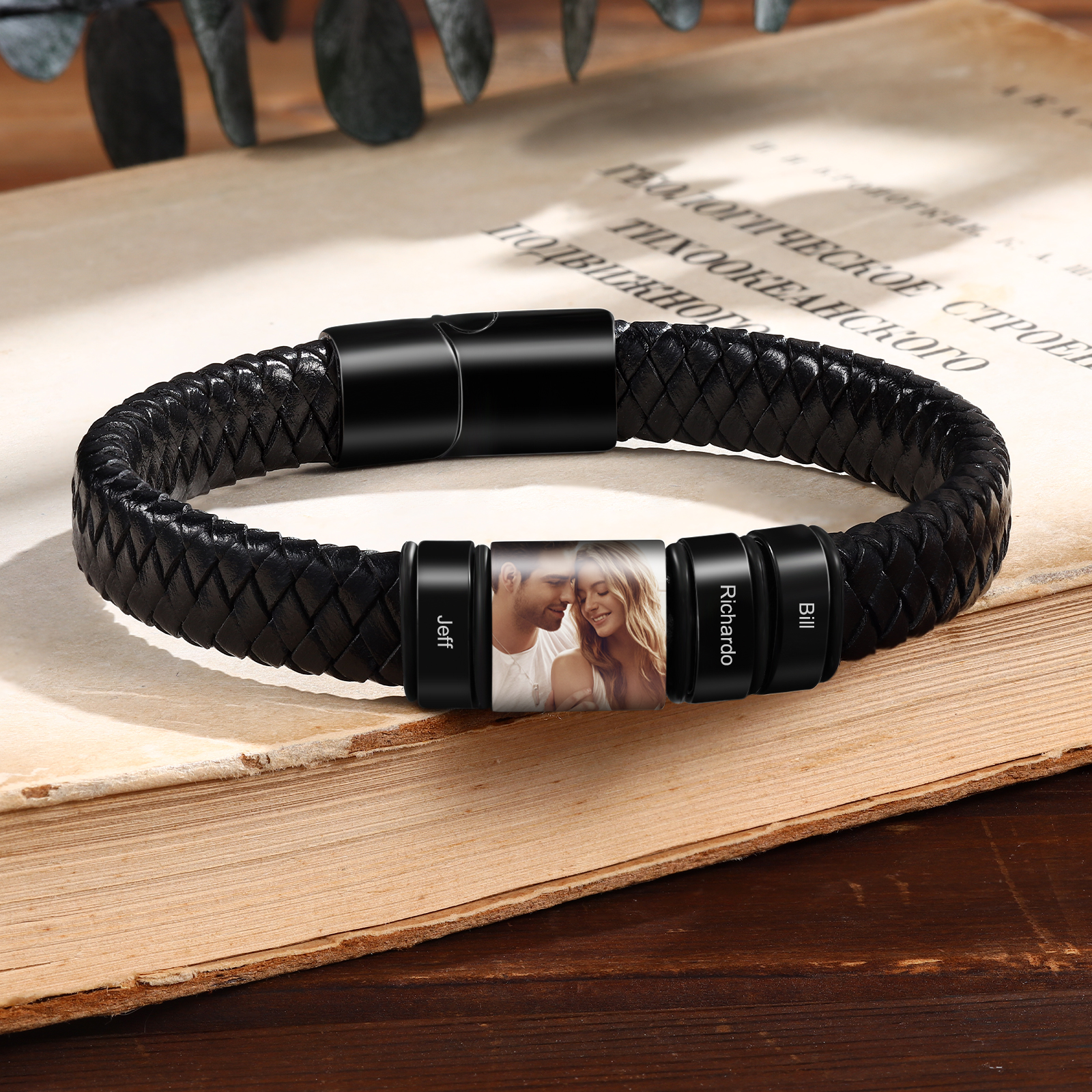 3 Names Personalized Customized Photo Stainless Steel Leather Bracelet Engraved Name Men's Bracelet Gift for Dad