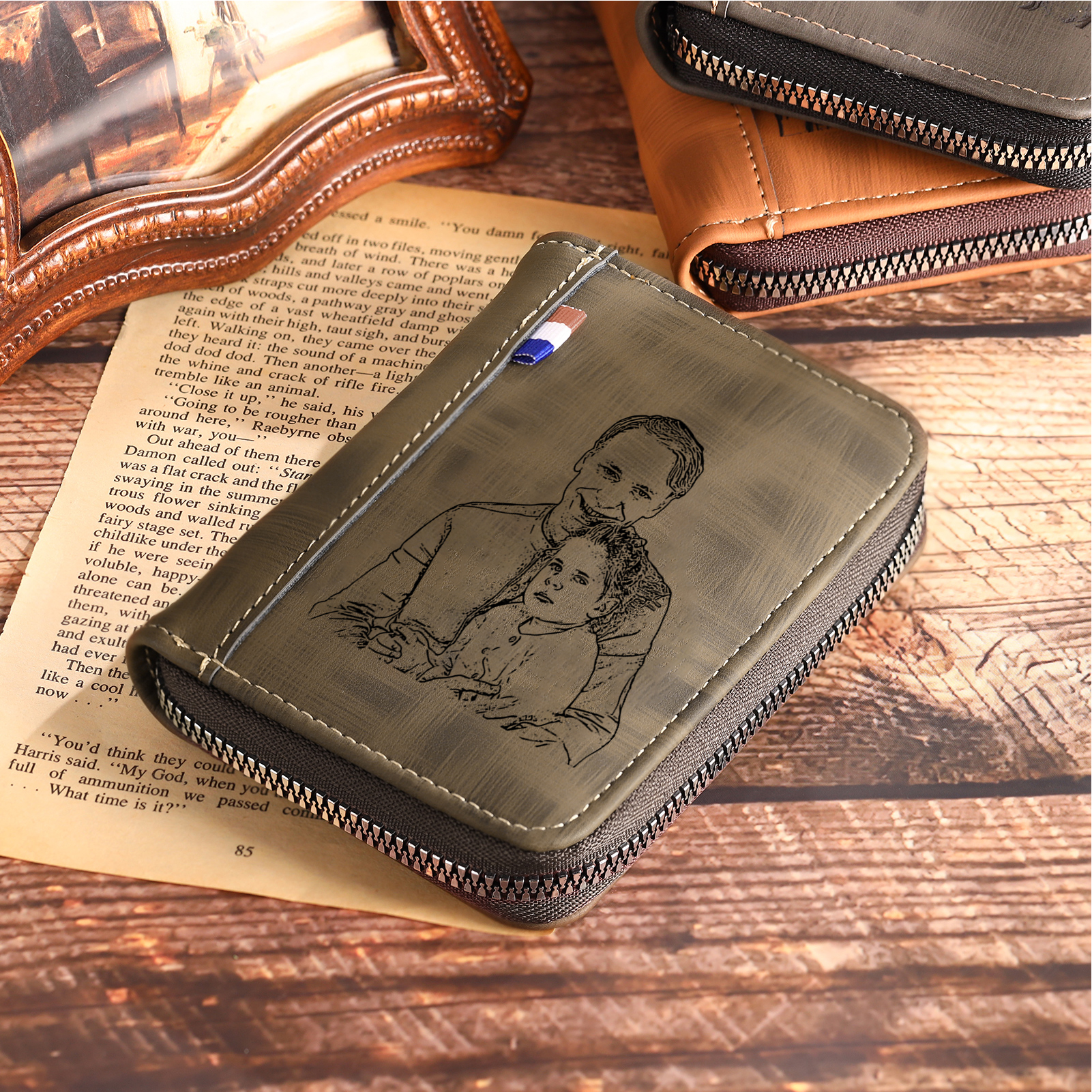 4 Names - Personalized Photo Text Custom Leather Men's Wallet Custom Name Zipper Wallet for Dad