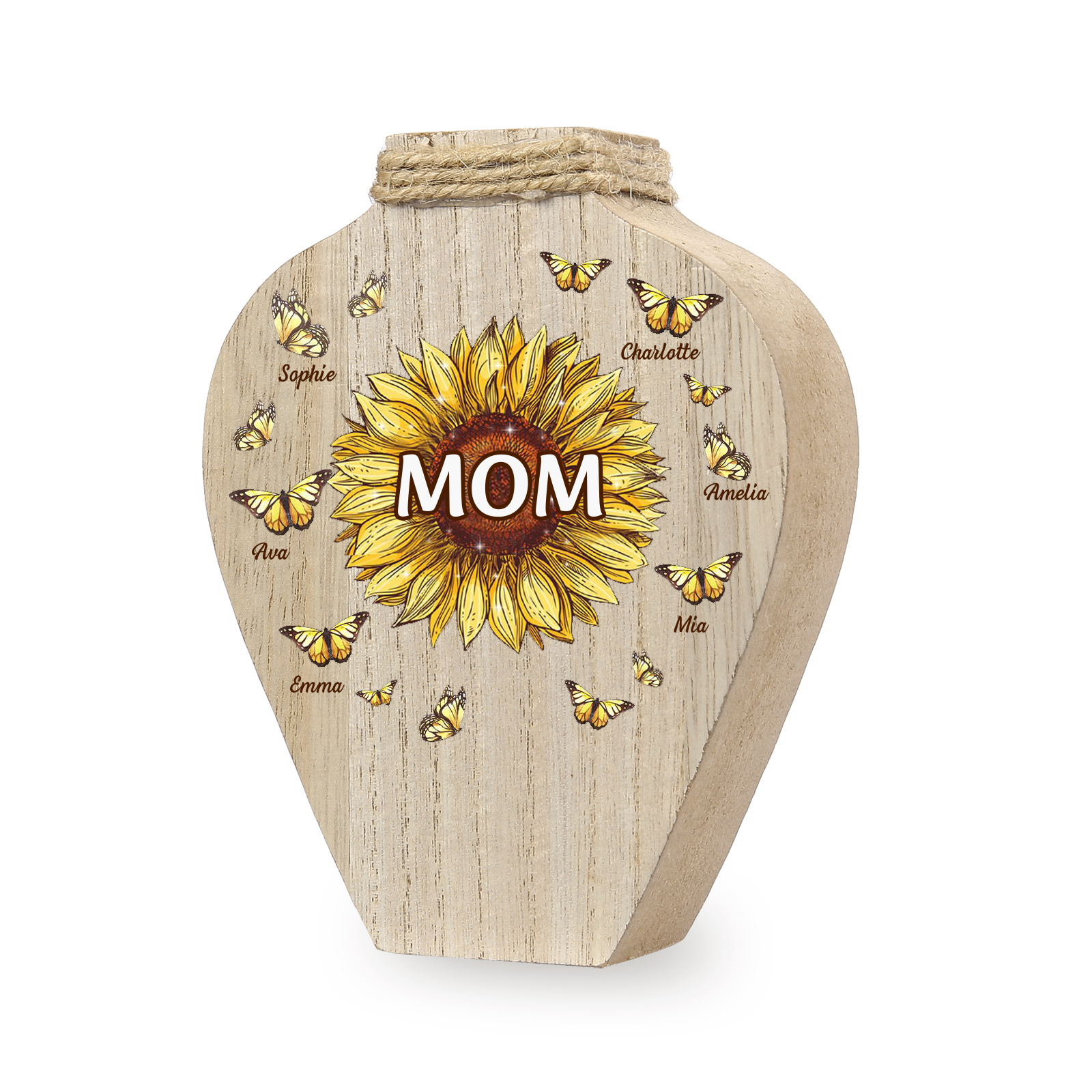6 Names - Personalized Custom Text and Name Butterfly Style Wooden Decorative Vase as a Gift for Mom