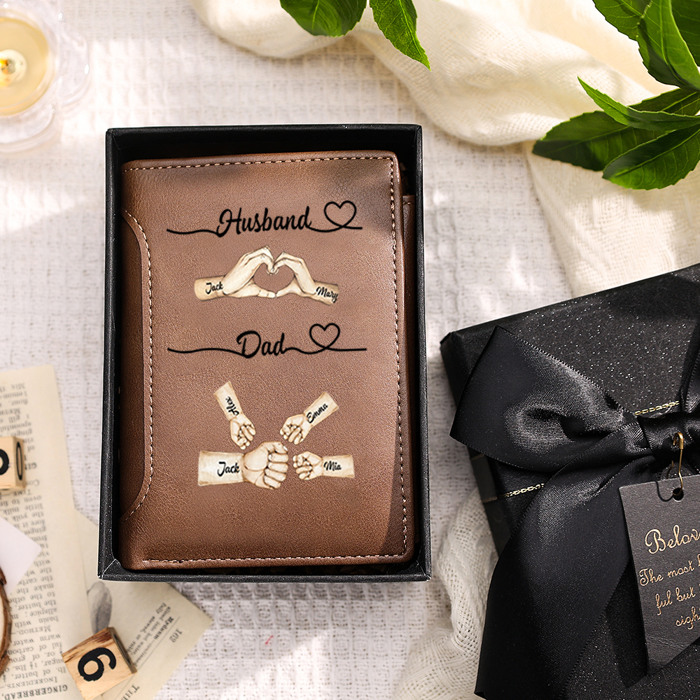 Unique Fist-Bump Customizable Men’s Wallet with Name Pattern – Personalized Gift for Dad & Husband