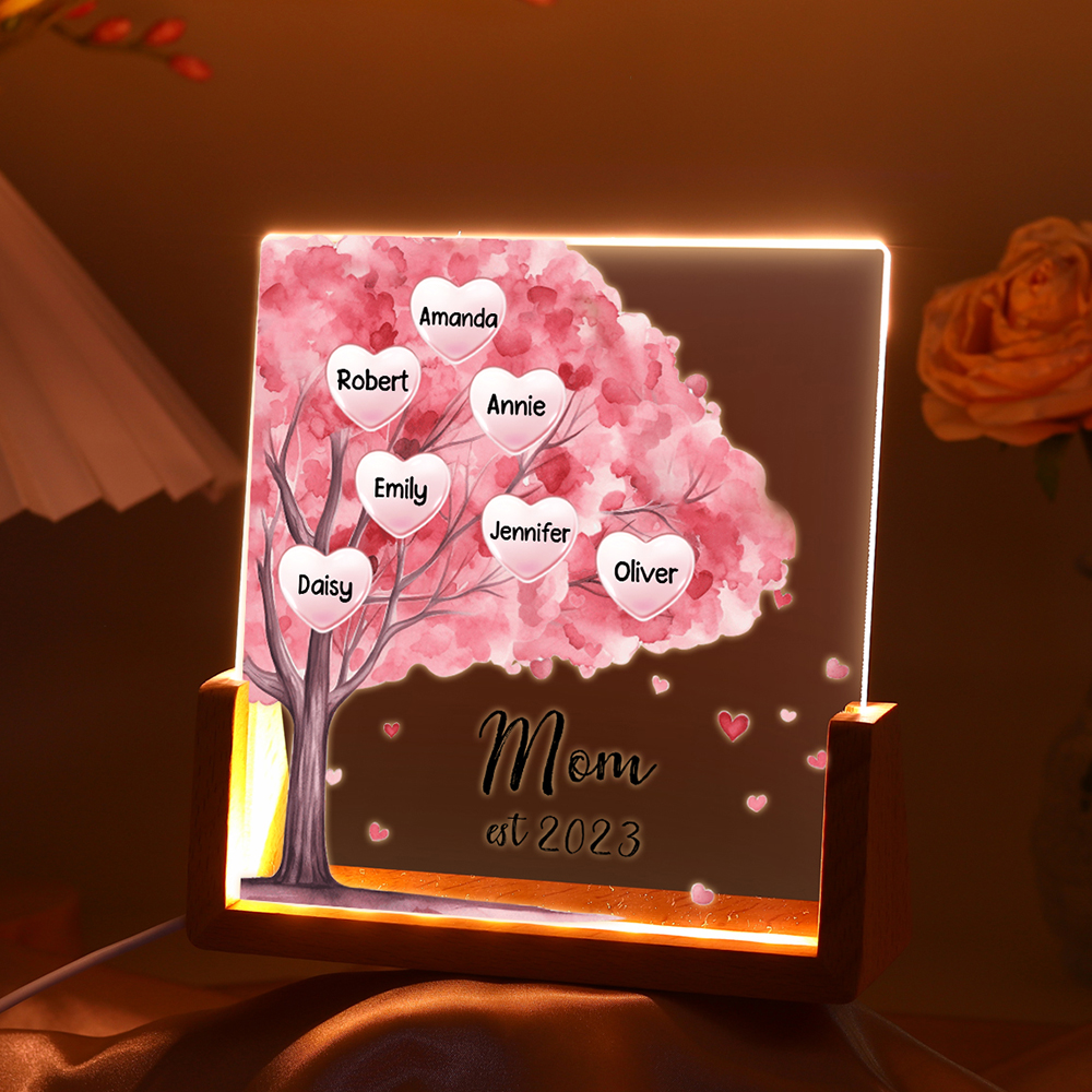 7 Names - Personalized Sakura Tree Night Light with Custom Text And Date LED Light, Gift for Mom