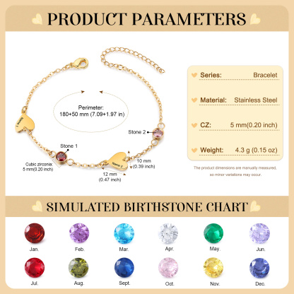 Personalized 1-5 Names Gold Heart Birthstone Chain Bracelet