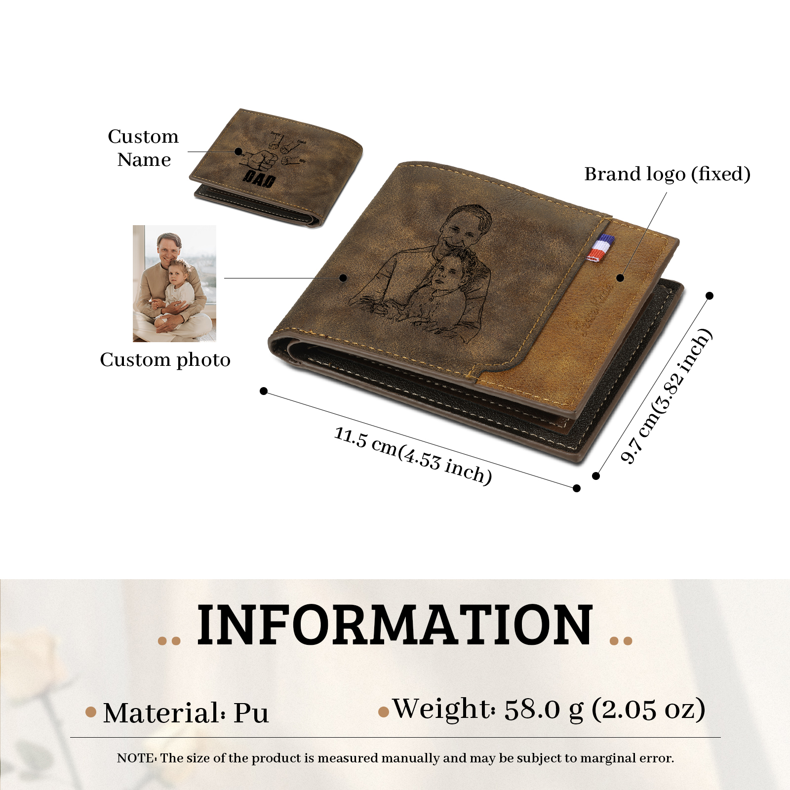 4 Names - Personalized Photo Custom Leather Men's Folding Wallet as a Father's Day Gift for Dad