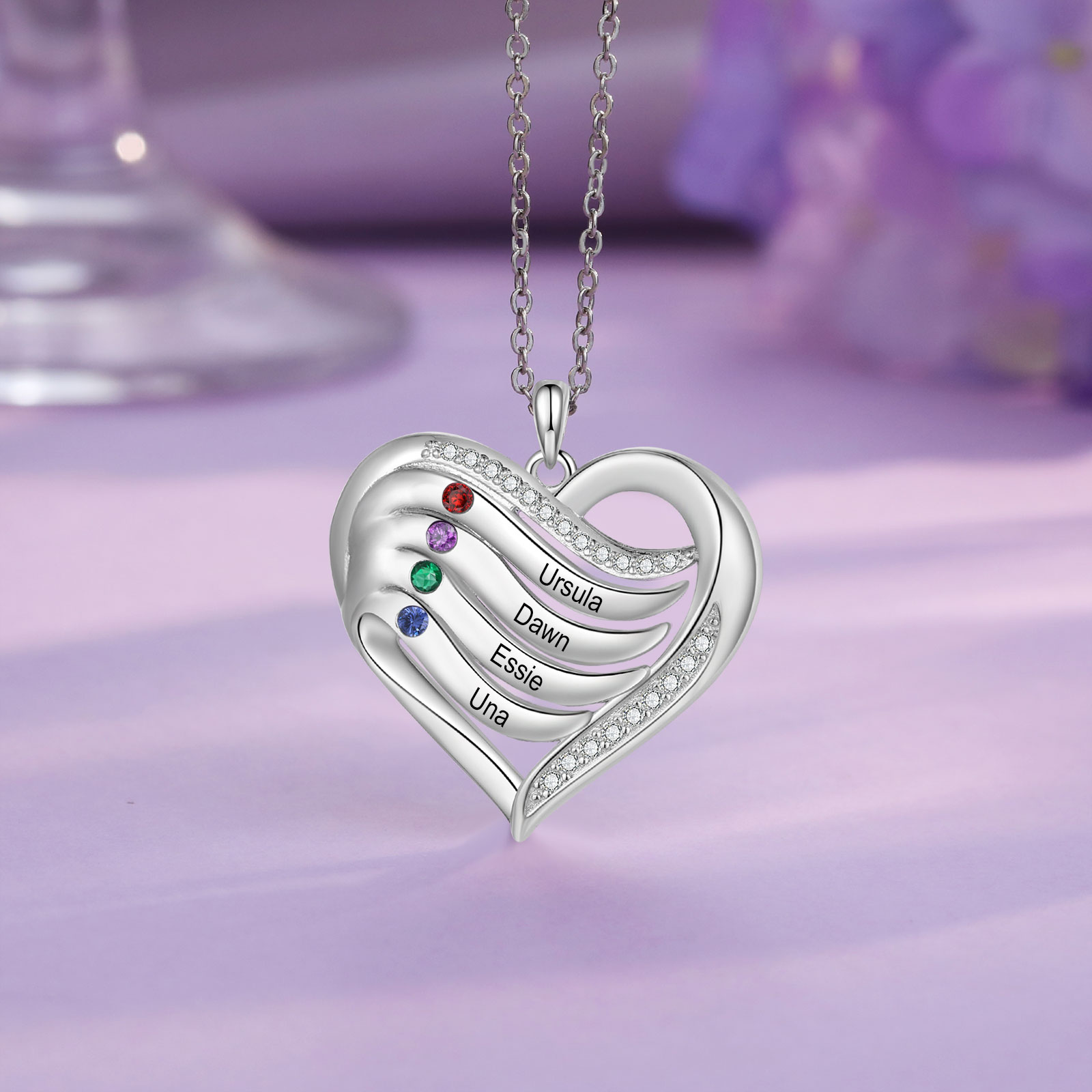 4 Names - Personalized S925 Silver Heart Necklace with Birthstone and Name, Beautiful Gift for Her