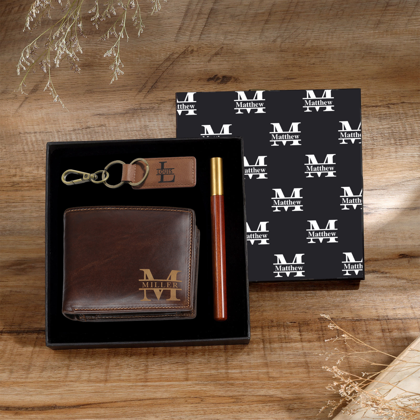 Personalized Leather Wallet Gift Box Set with Letter Name Keychain Customizable Text Wallet Gift for Him