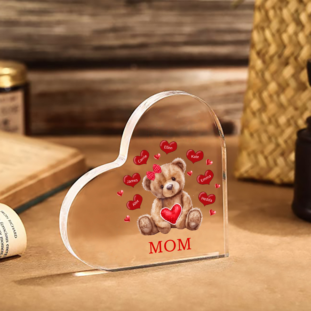 Customized 1-10 Care Bear Names Acrylic Heart-shaped Decorative Brand Plaque Decoration for Mom