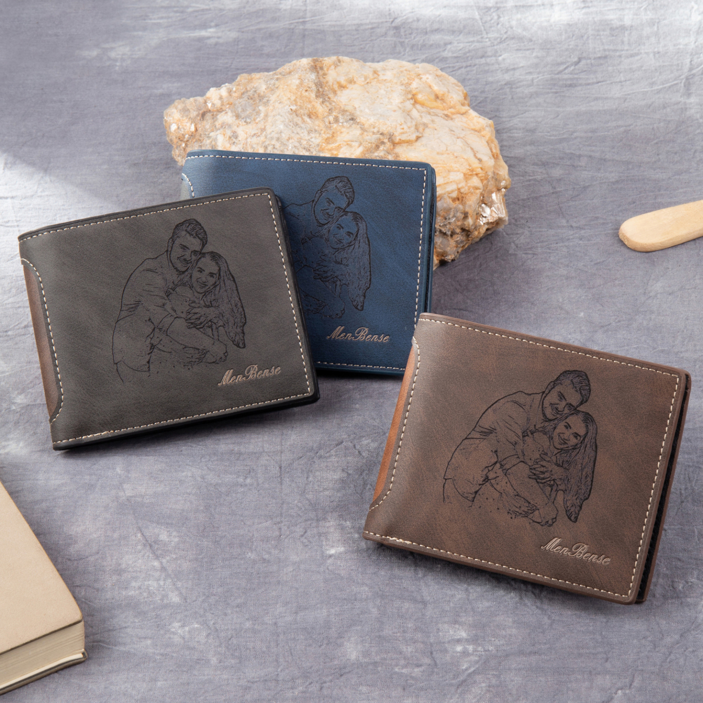 Personalized Leather Folding Wallet With Photo, Name and Letter, Gift For Dad