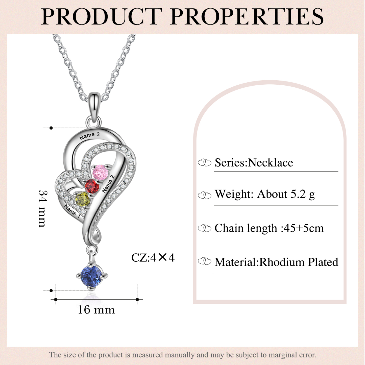 Personalized Overlap Heart Birthstone Necklace Custom 3 Names Necklace Gifts for Her