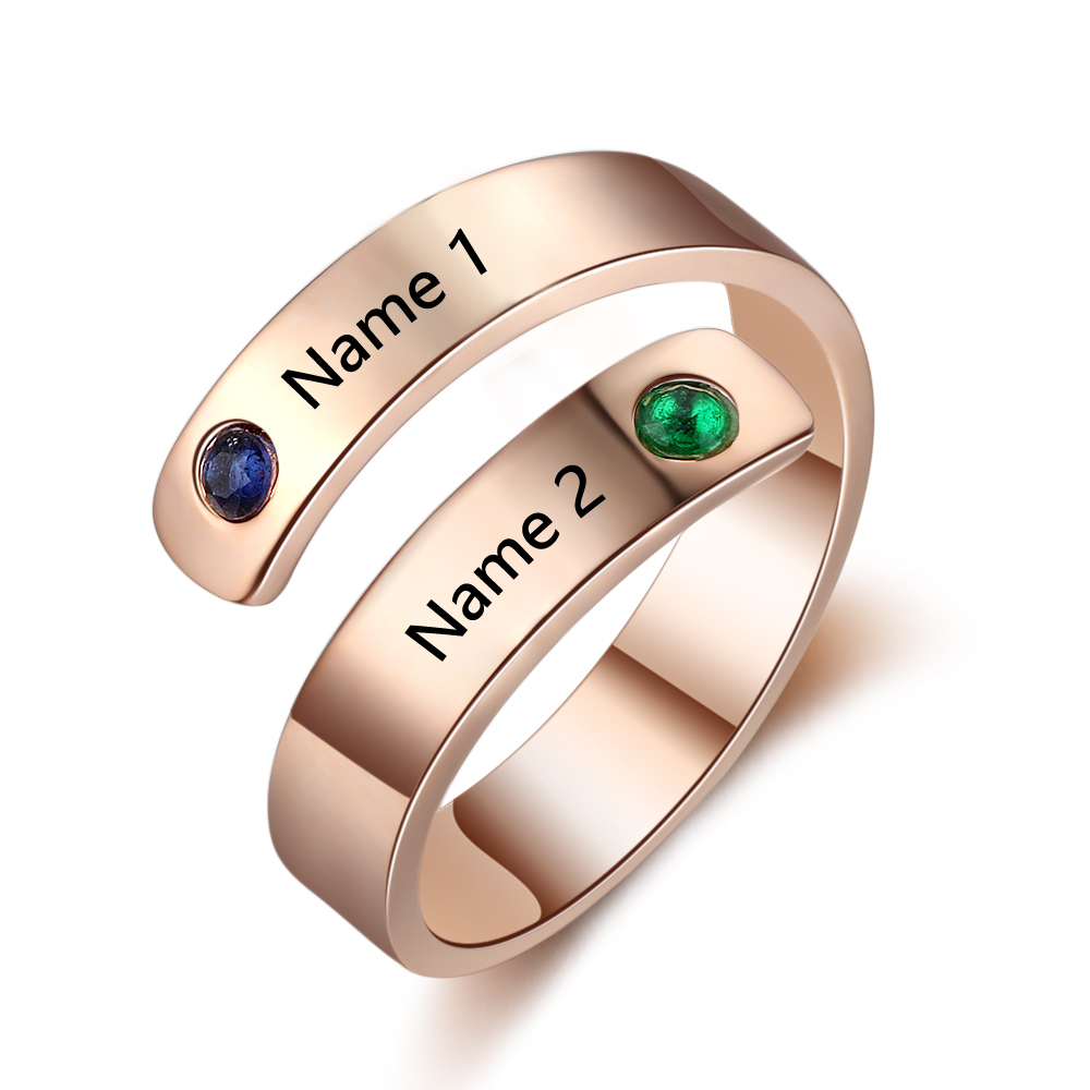 Personalized Ring With 2 Birthstones Engraved Names Ring Gift For Women