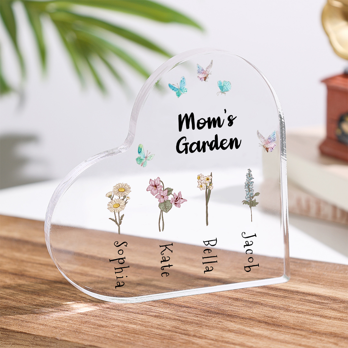 Customized 1-6 Birthflowers and Names Acrylic Heart Shaped Ornament Butterfly Style Plaque Decoration for Mom/Grandma