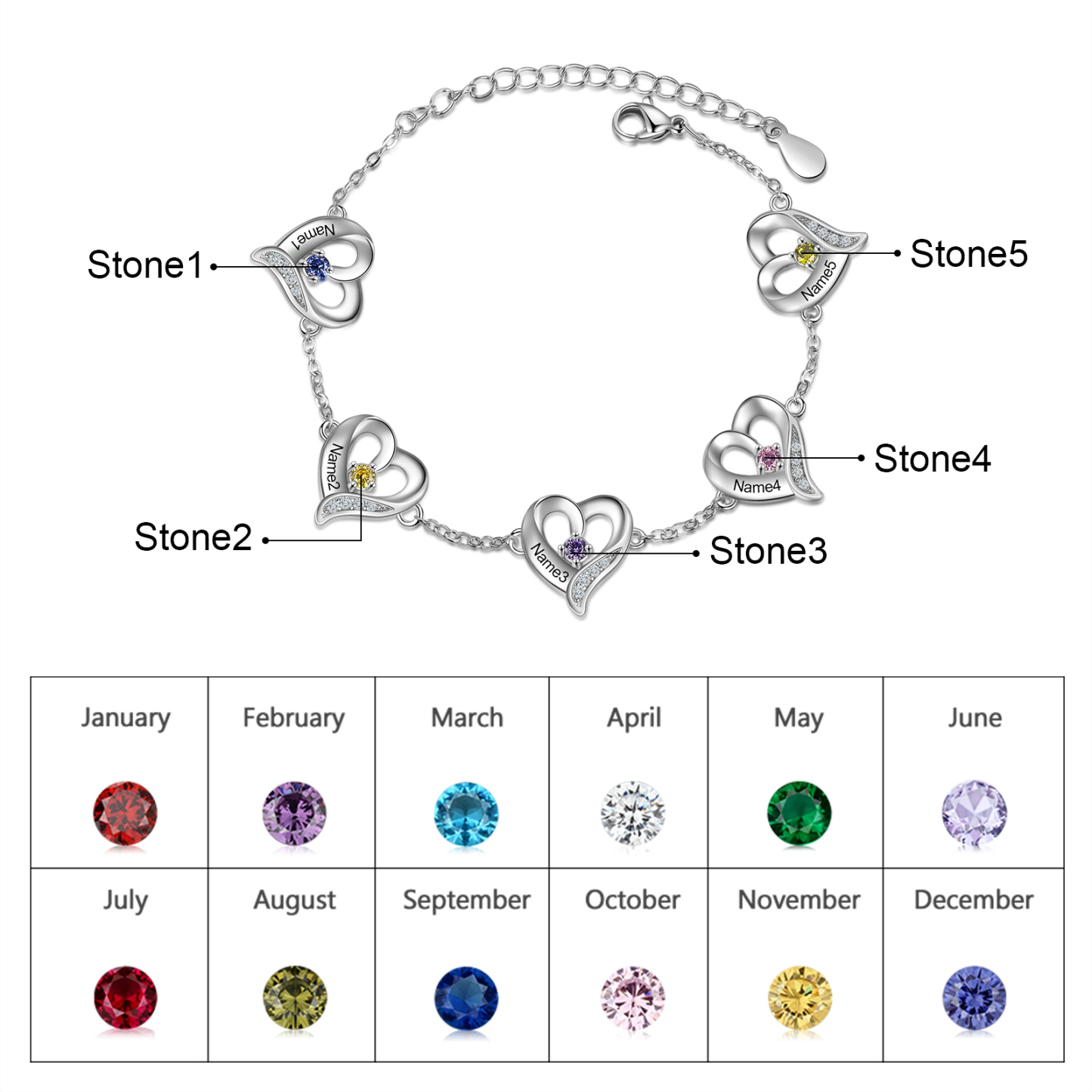 5 Names-Personalized Heart Bracelet With 5 Birthstones Engraved Names Bangle For Her