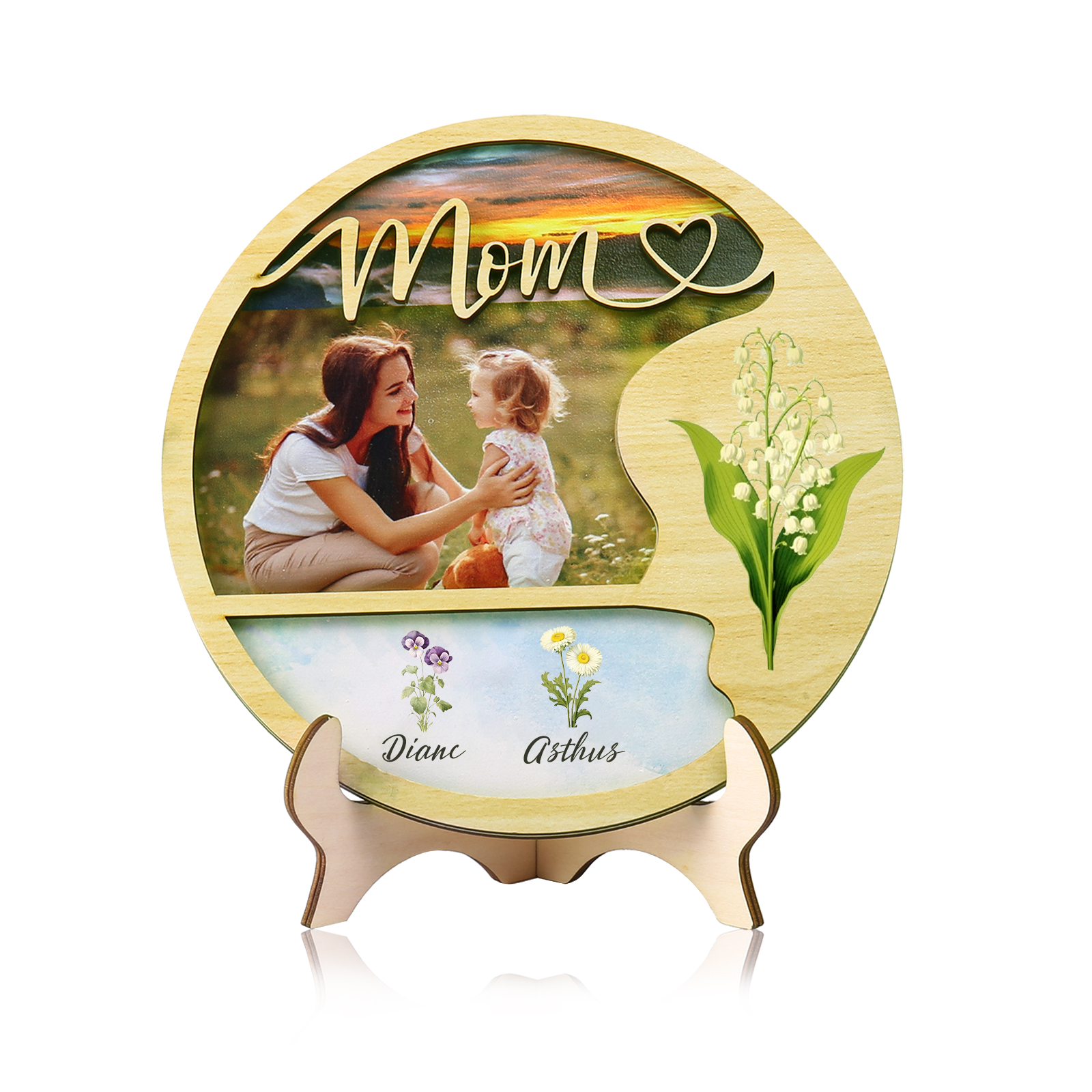 2 Names - Customized Photo Birth Flower Wooden Ornament Decoration for Mom