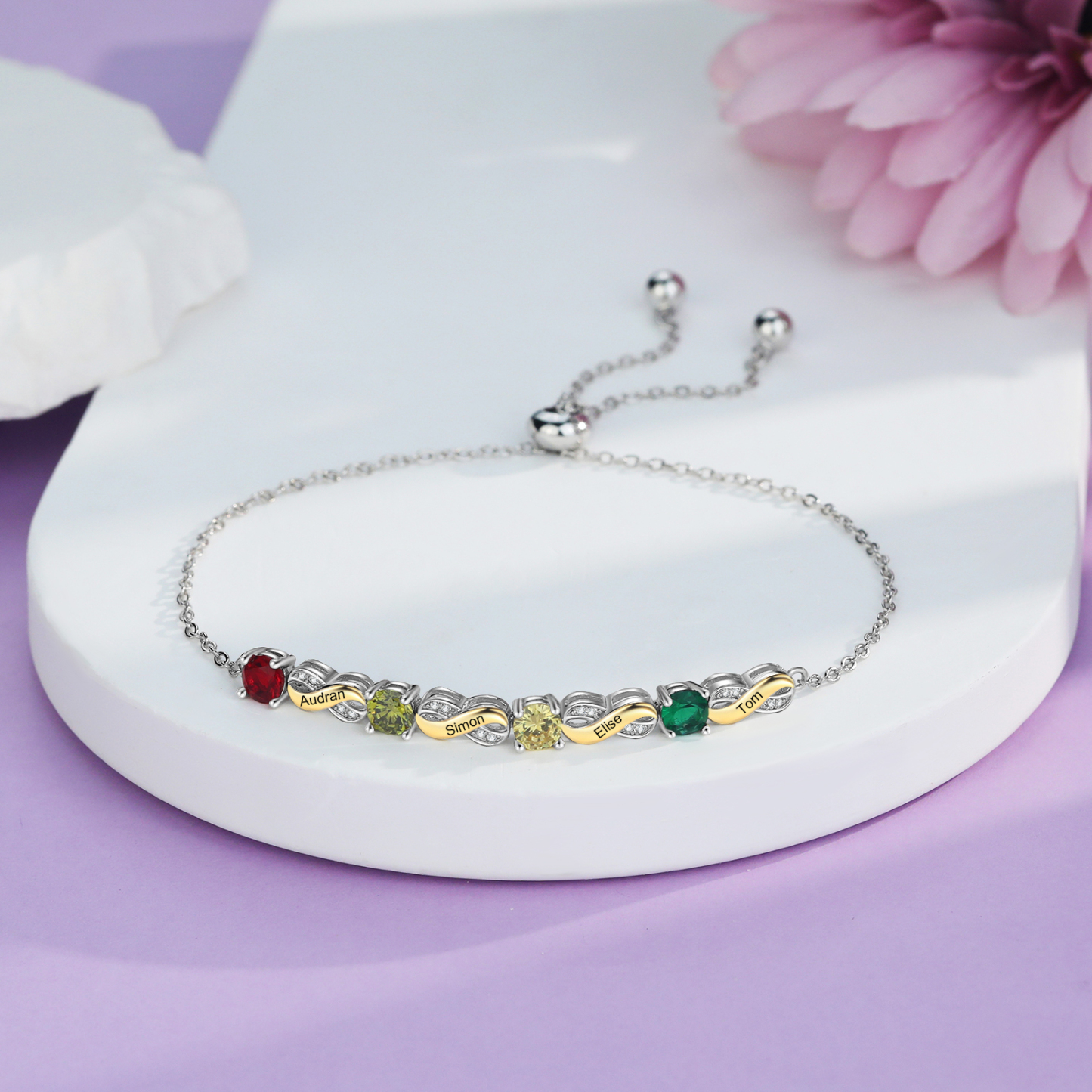 Mother & Family Bracelet with Birthstones Engrave 4 Names Infinity Bracelet Gifts for Her