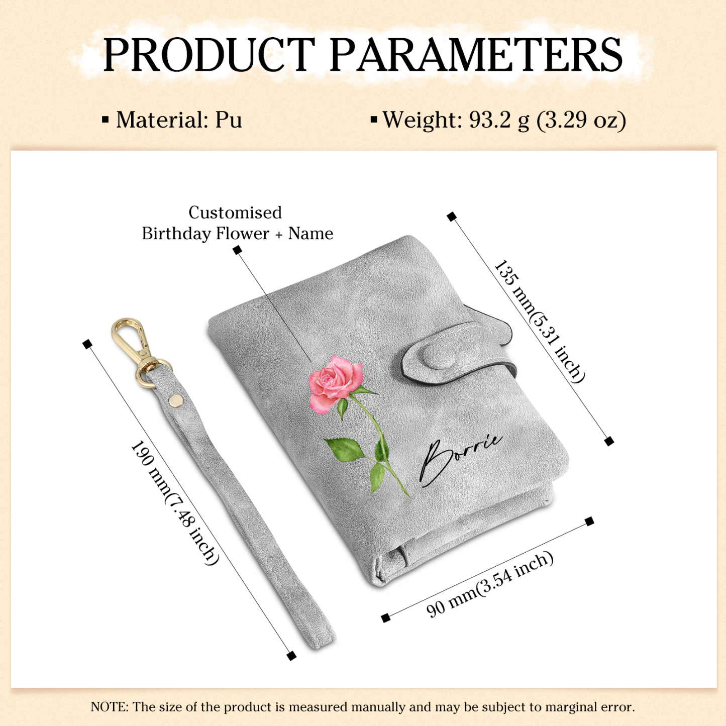 Gray Color Personalized Birthday Flower Leather Wallet Engraving Name Wallet Gifts for Women