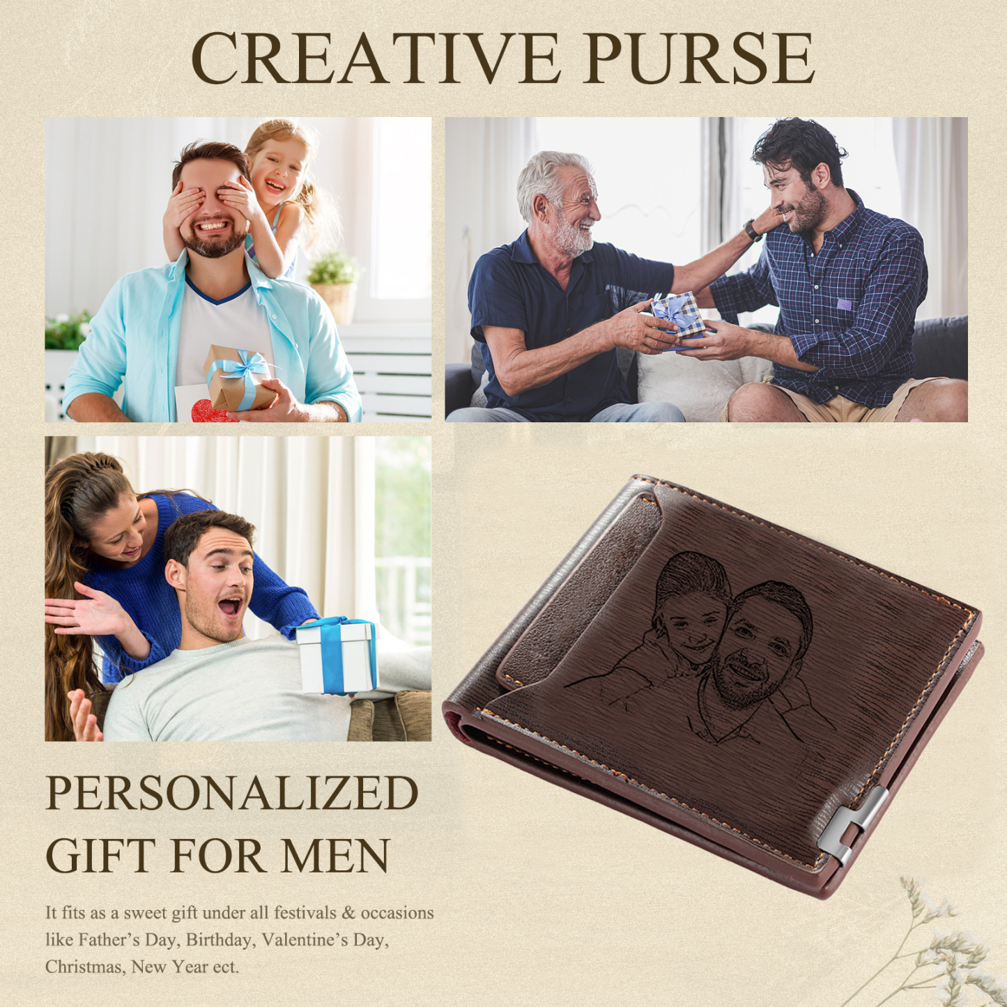 Personalized Leather Wallet Gift Box Set with Keychain Customizable 2 Photo, Name and 3 Text Wallet Gift for Him