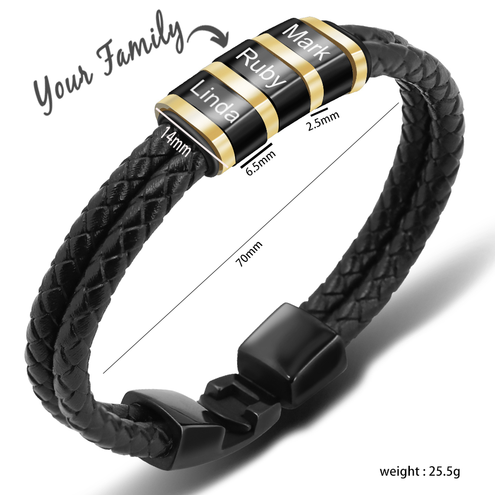 Personalized Braided Leather Bracelet Engraved 3 Names Men's Bracelet Gifts For Him