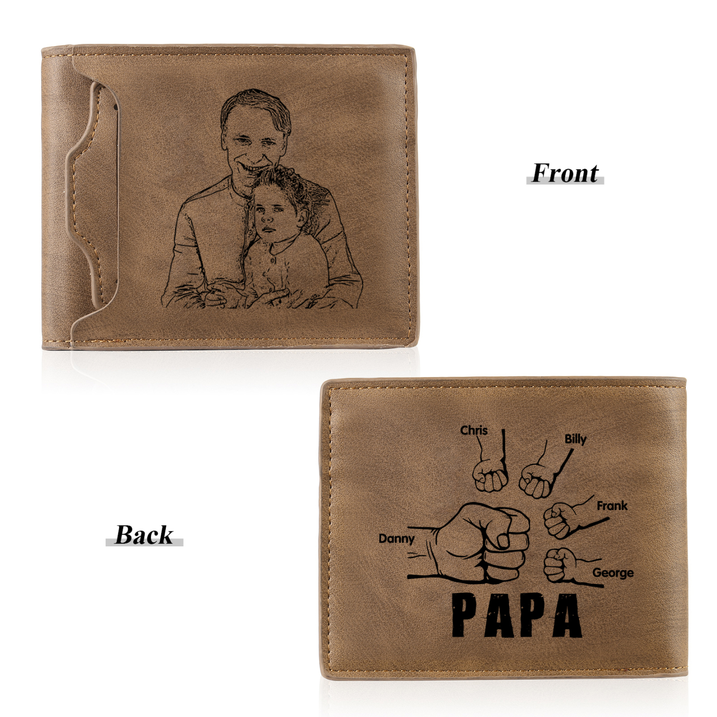 5-Names Personalized Leather Men's wallet With Card Slot Engraved With Name And Photo For Papa As a Father's Day Unique Gift