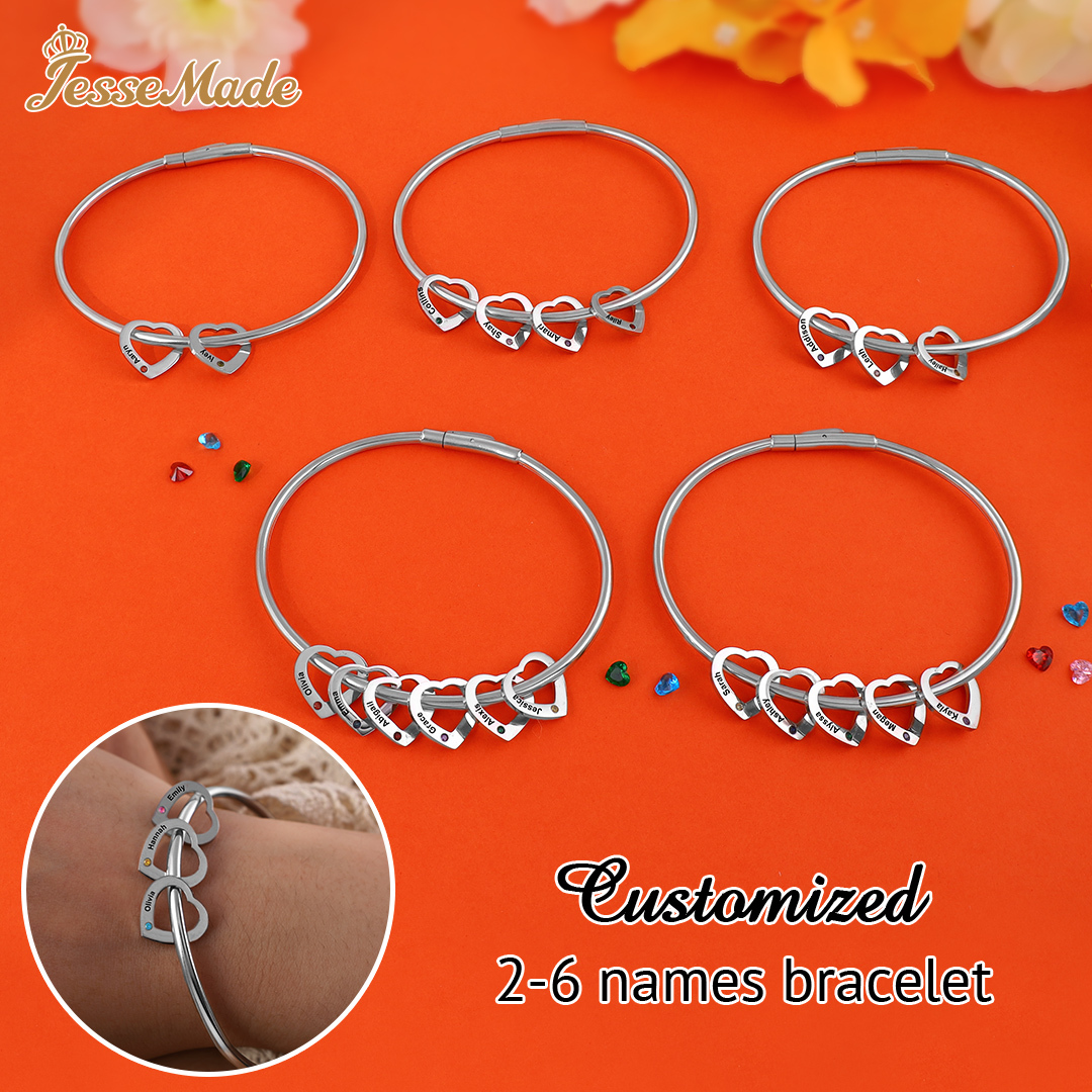 2 Names-Personalized Heart Bracelet With 2 Birthstones Bangle Engraved Names Bracelet Gift For Women