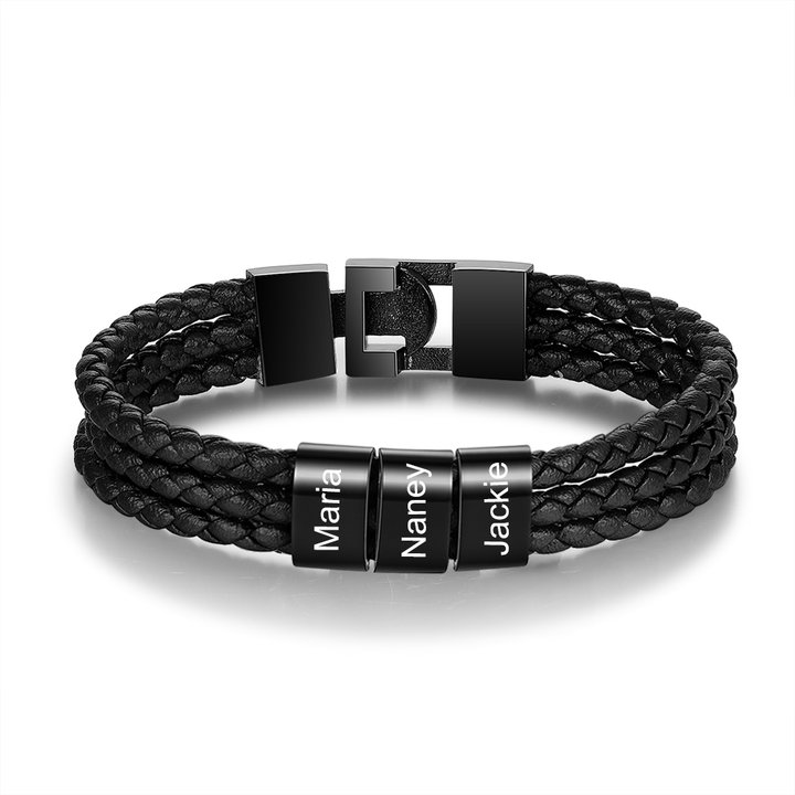 Black Braided Leather Custom 3 Beads Men's Bracelets For Him Best Gift For Him