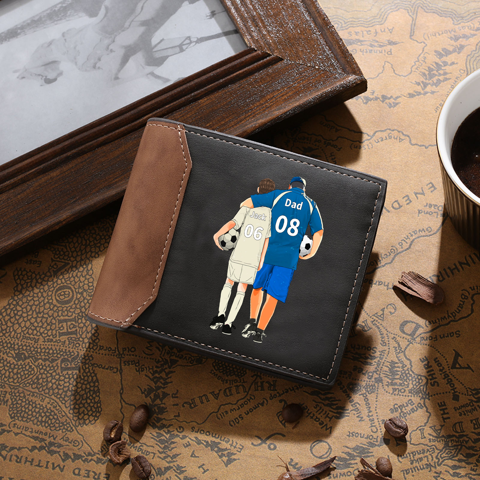 Personalized Men's Wallet - Engraving Dad and Son's Name with Football Design - Special Gift for Dad