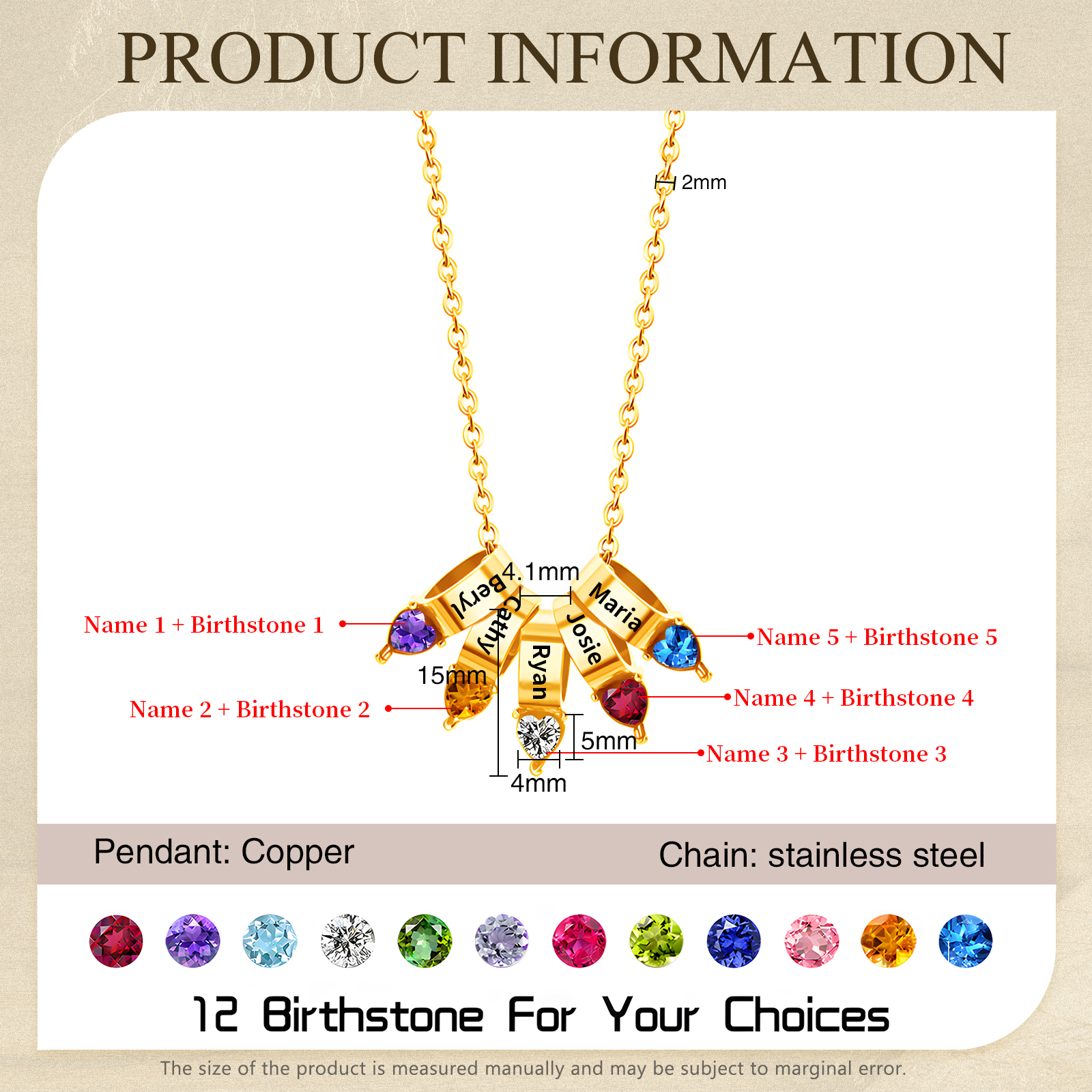 5 Names - Personalized Link Pendant Necklace with Customized Name and Birthstone Gift for Her
