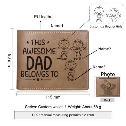 3 Names-Personalized Doll Customized Leather Men's Wallet Customized Name Folding Wallet for Dad