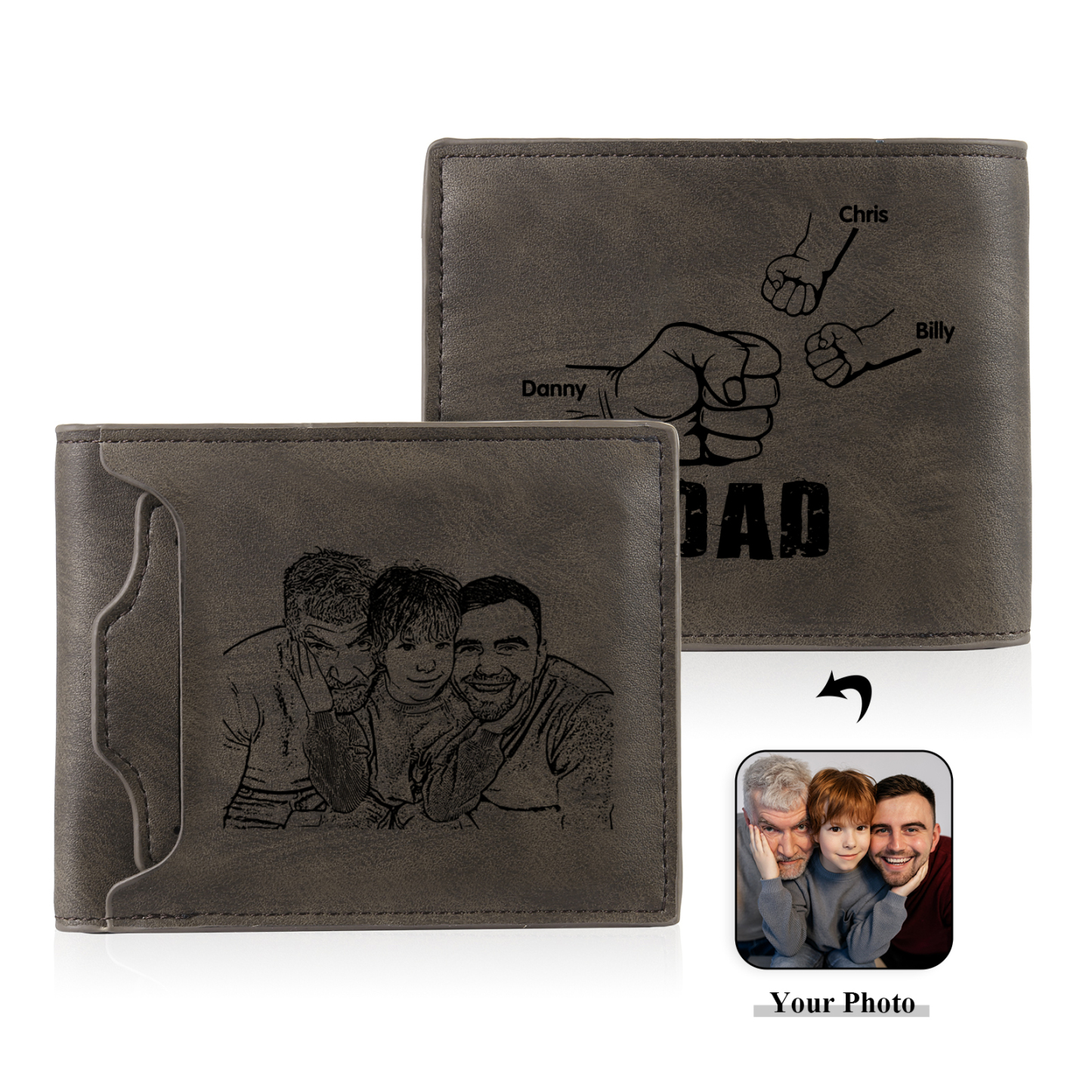 3 Names - Personalized Photo Custom Leather Men's Folding Wallet as a Father's Day Gift for Dad