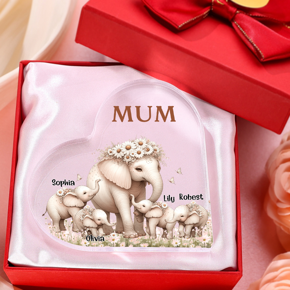 4 Names-Personalized Elephant Acrylic Heart Keepsake Custom Text Acrylic Plaque Ornaments Gifts for Mom