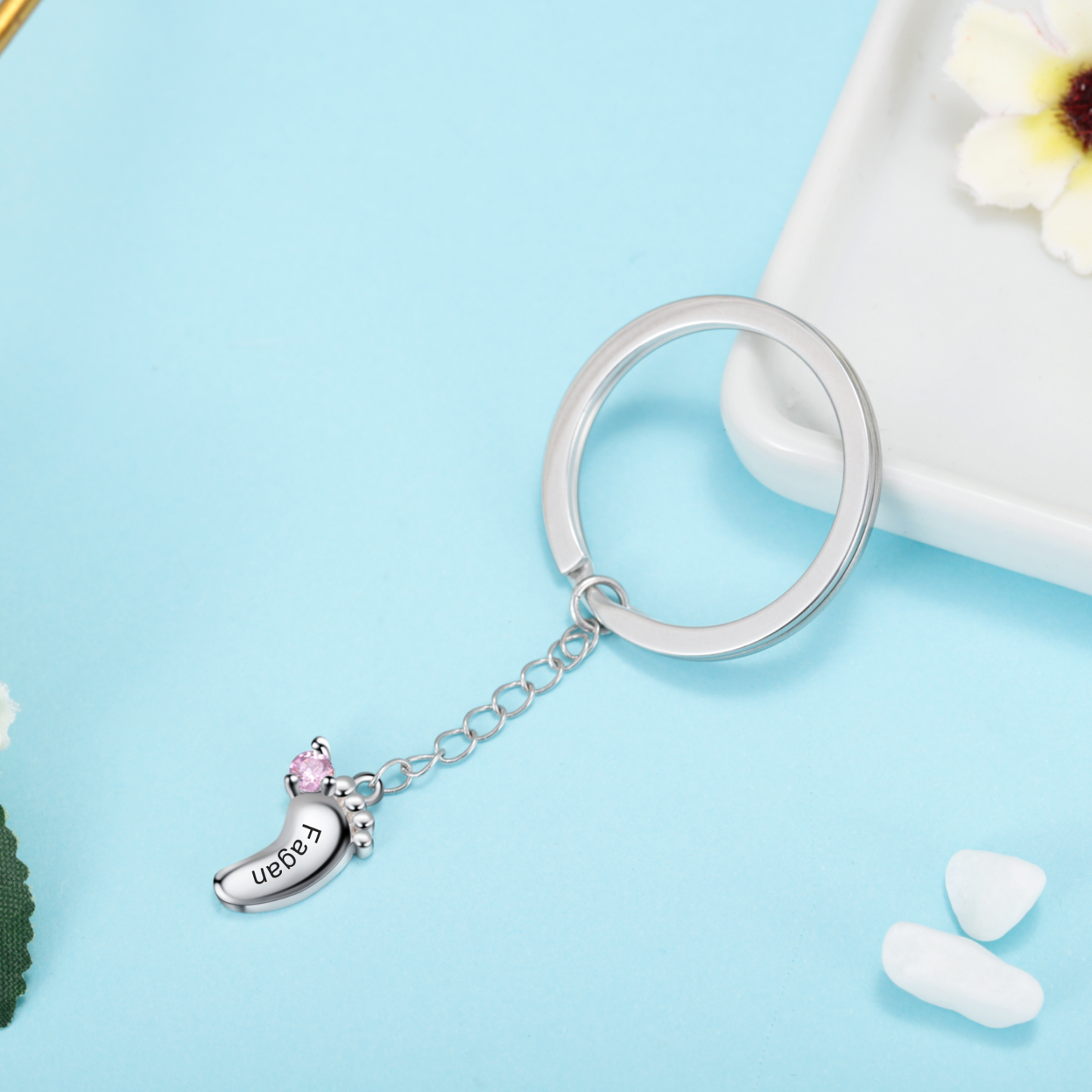 Personalized Baby Feet Keychain With 1 Birthstones Engraved names Keychain Gifts For Mother