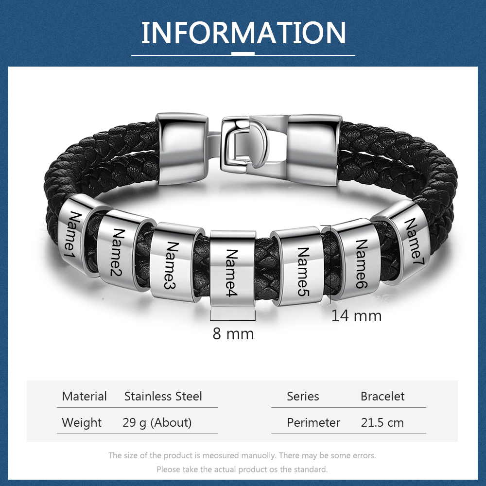 Personalized Braided Leather Bracelet Engraved 7 Names Men's Bracelet Gifts For Him