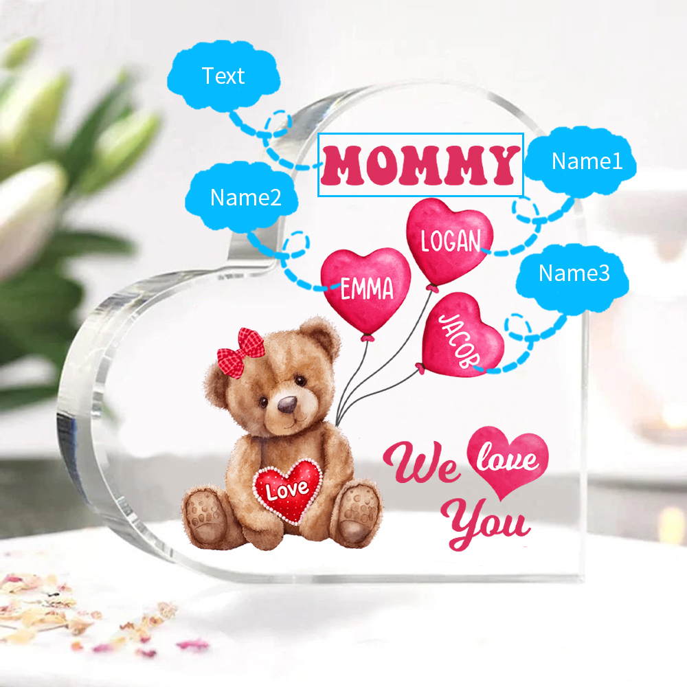 3 Names-Personalized Bear Acrylic Heart Keepsake Custom Text Acrylic Plaque Ornaments Gifts for Mom