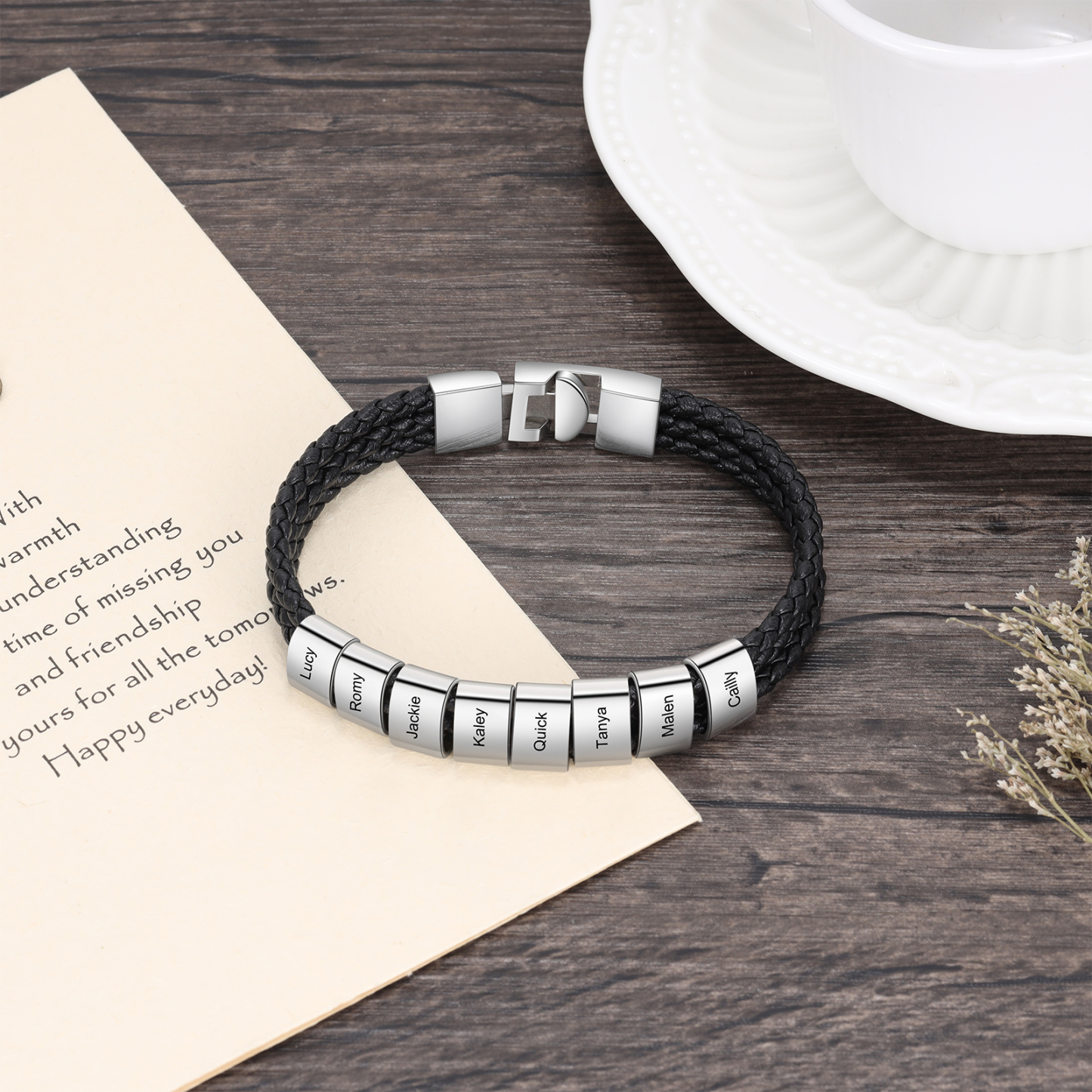 Personalized Braided Leather Bracelet Engraved 8 Names Men's Bracelet Gifts For Him