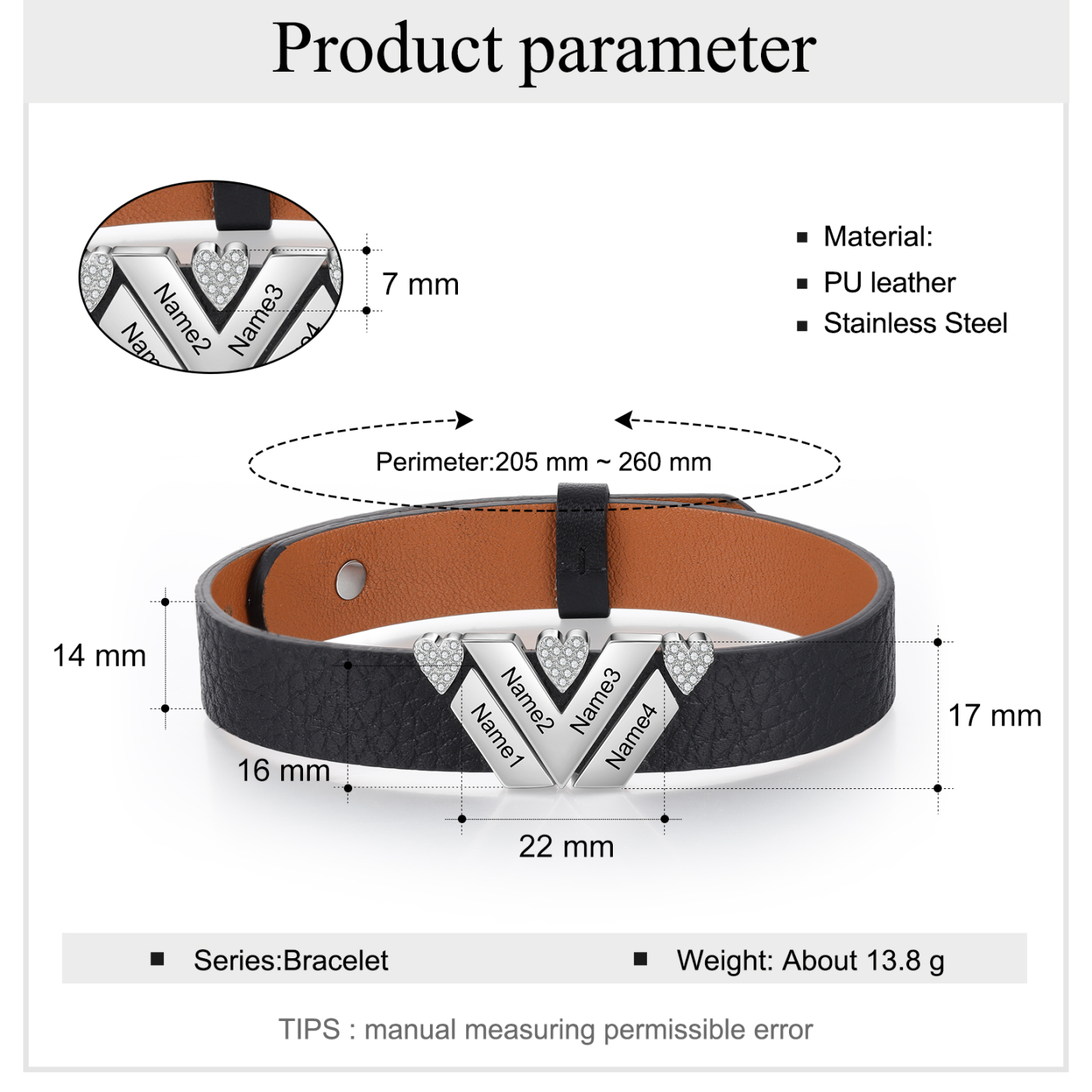 Customized Leather Bracelet with Beads Engraved 4 Names Bangle for Him