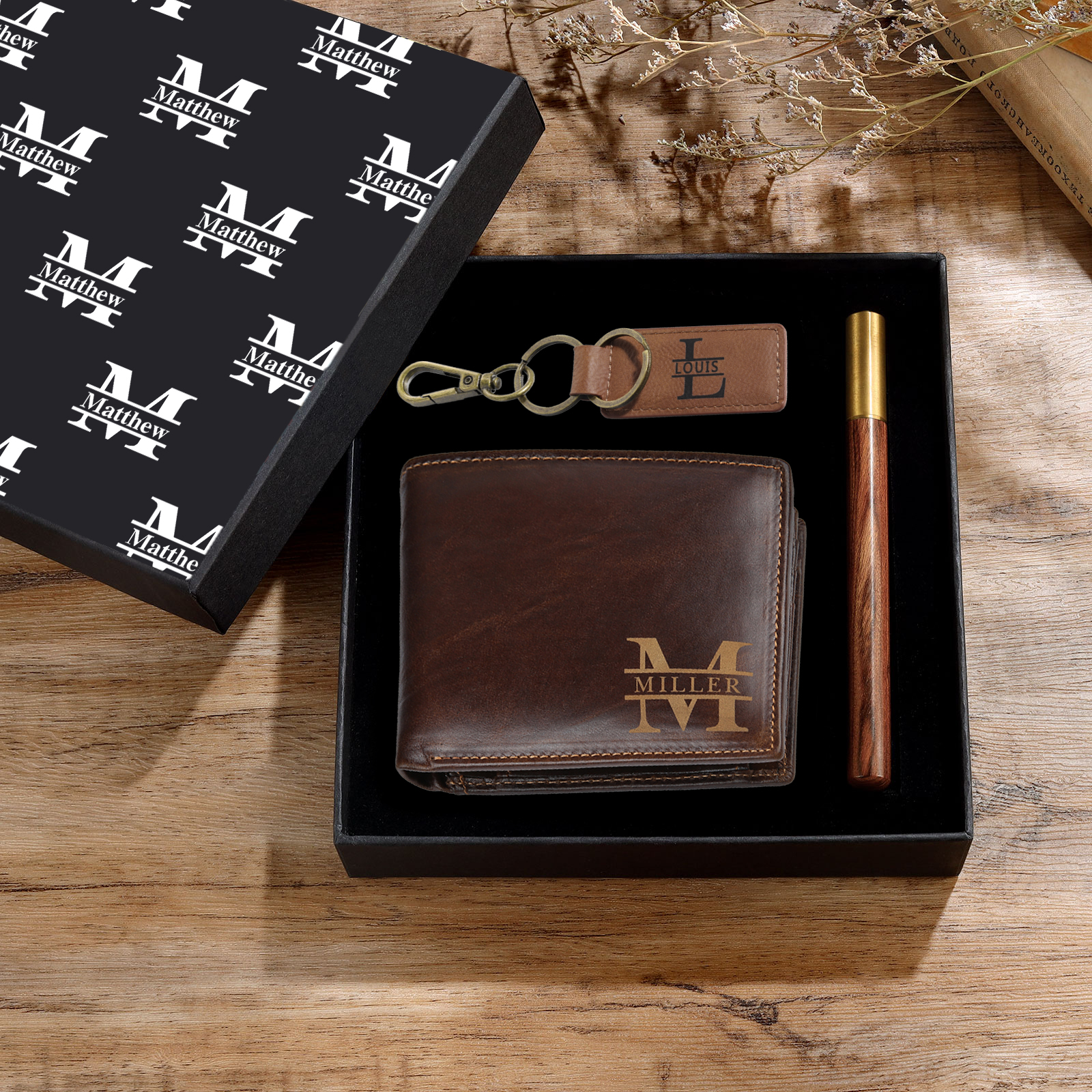 Personalized Leather Wallet Gift Box Set with Letter Name Keychain Customizable Text Wallet Gift for Him