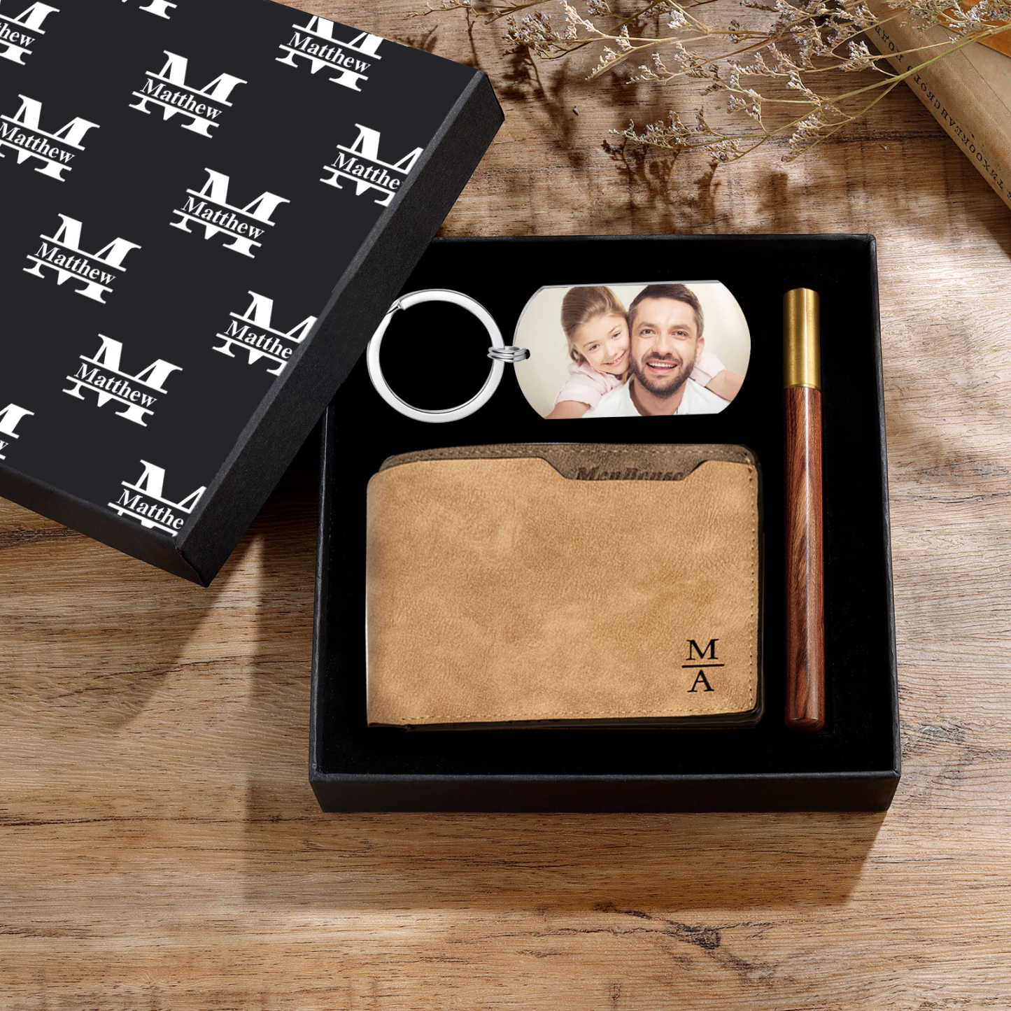 Photo Personalized Leather Wallet Gift Box Set with Keychain Customizable 1 Text  1 Name and 2 Letter Wallet Gift for Dad