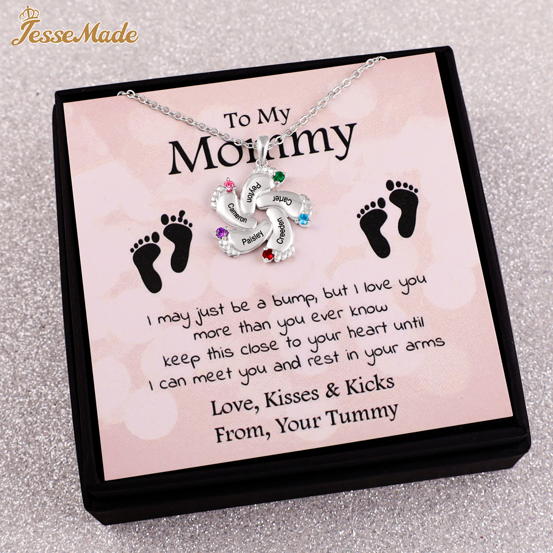 Personalized Baby Foot Necklace With 1-6 Birthstones Engraved Names Gift For Mother