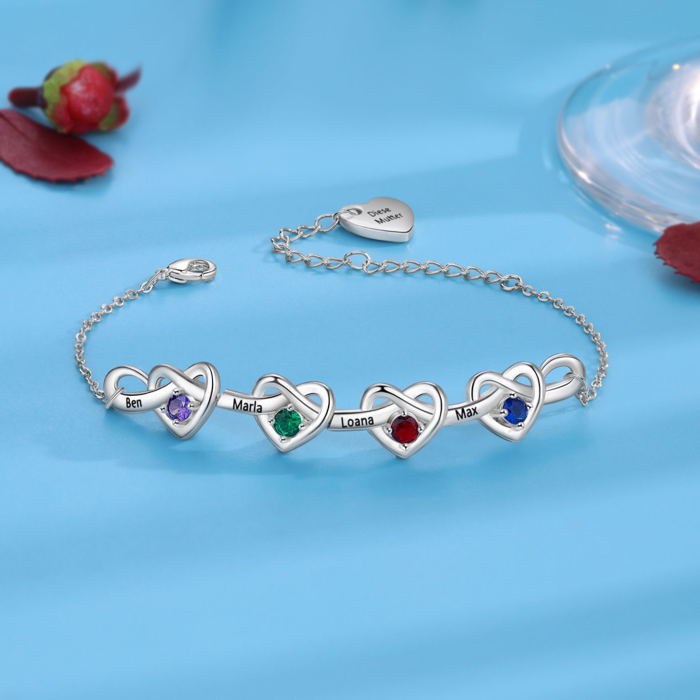 4 Names-Personalized Linked Heart Bracelet With 4 Birthstones Engraved Names And Text Bangle For Her