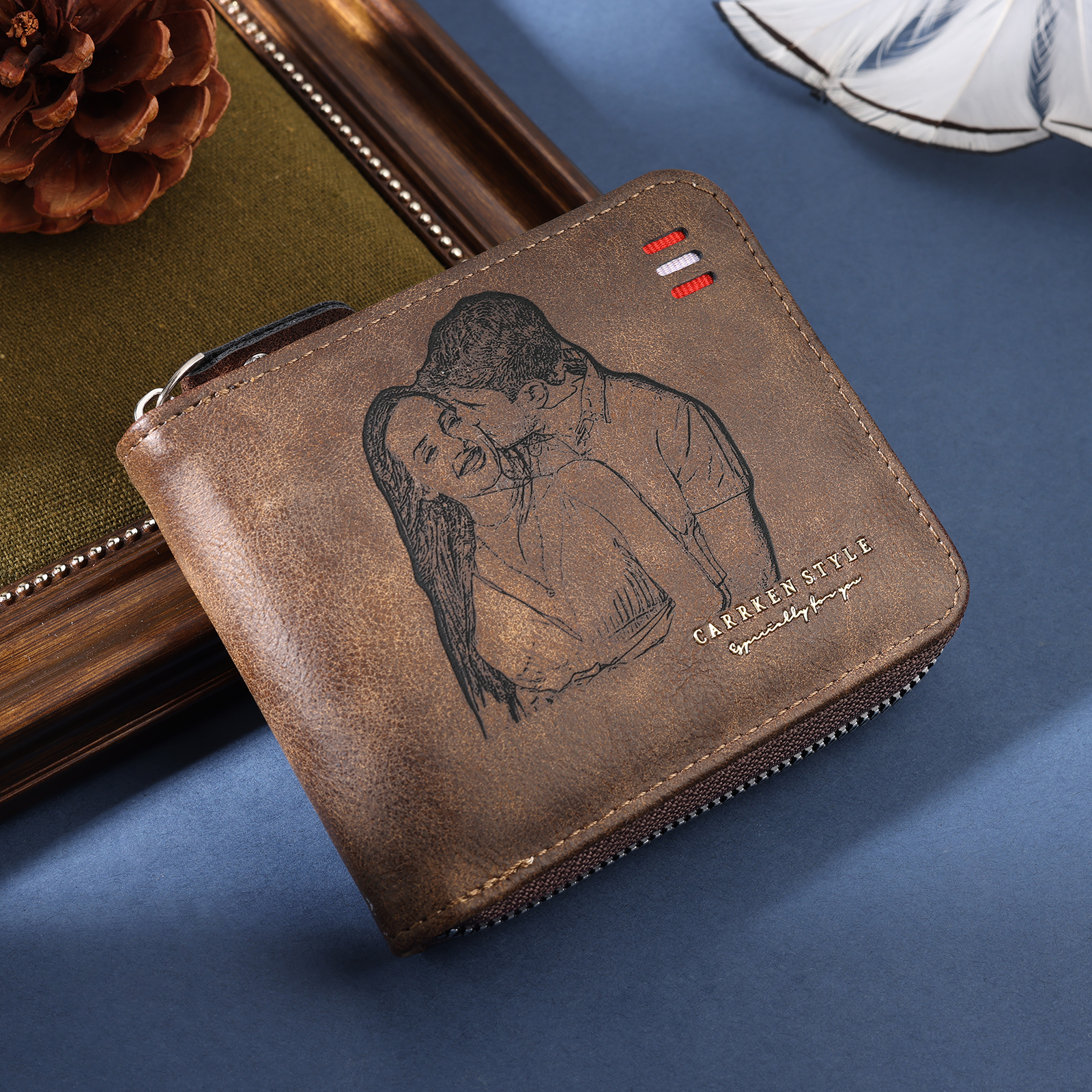 Personalized Photo Leather Men's Wallet Customized Name Letter Folding Dark brown Wallet For Couple