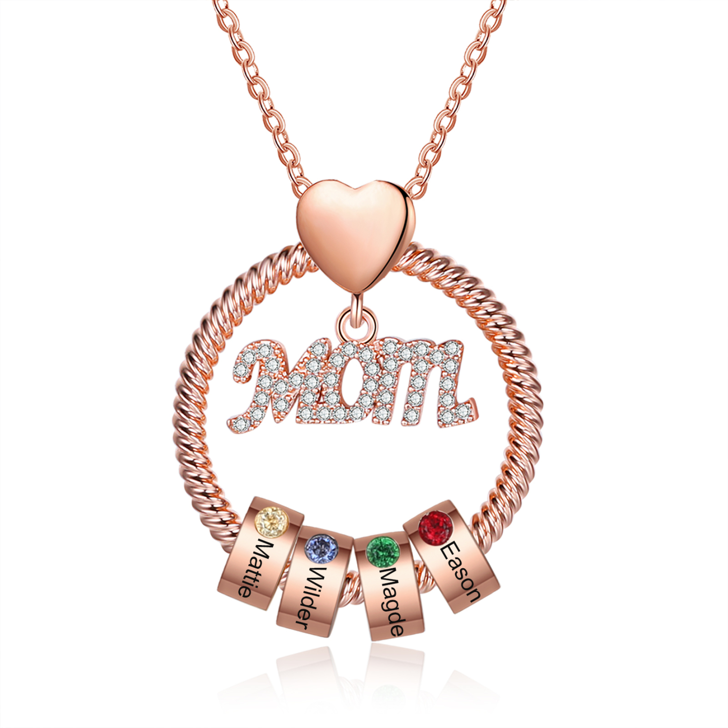 4 Names-Personalized Mom Necklace Set With Premium Rotating Rose Flower Gift Box-Custom Necklace With 4 Birthstones Engraved Names Gift For Mother